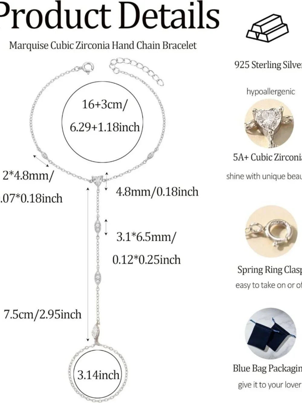 Elegant 925 Sterling Silver Marquise CZ Hand Chain Bracelet for Women